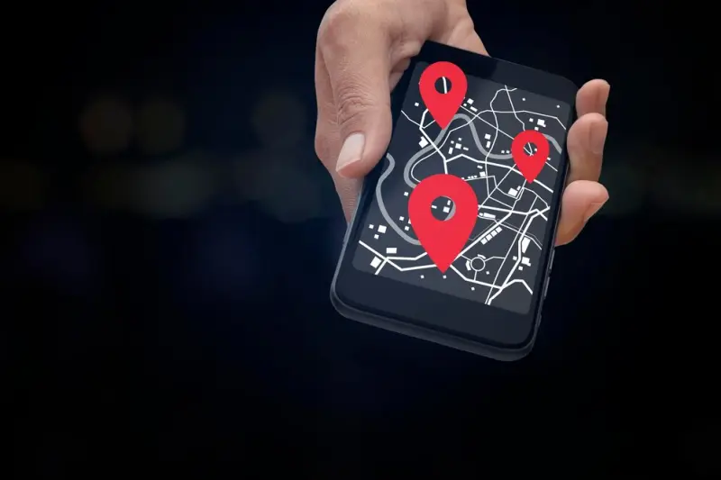 Smartphone Displaying Map with Location Pins Smartphone showing map interface with red location pins business directory